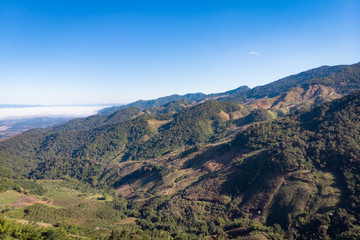 Fototapeta premium Drone shot aerial view landscape of mountain and nature against blue sky