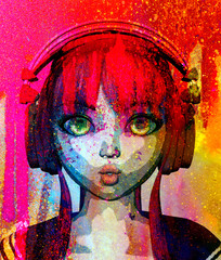 Portrait of happy anime girl with headphone,3d rendering,pop art style - 242240902