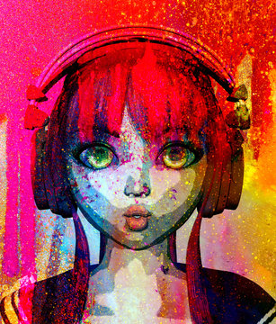 Portrait Of Happy Anime Girl With Headphone,3d Rendering,pop Art Style