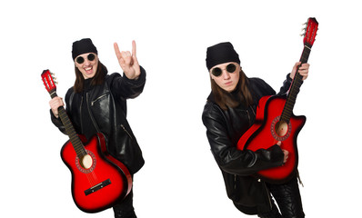 Young guitar player isolated on the white