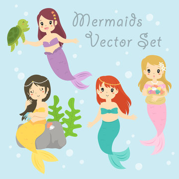 Beautiful mermaids vector collection with different activities. Mermaid combing her hair, playing with sea turtle and carrying a bag of seashells