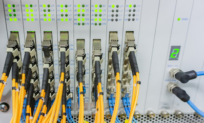 Netzwerk Switch und Netzwerkkabel in einem Rechenzentrum