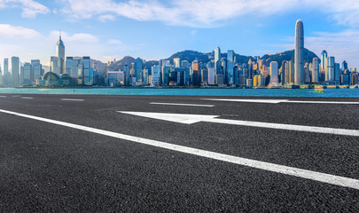 Air highway asphalt road and office building of commercial building in modern city