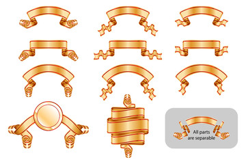 Ribbons and banners set with copy space. Solemn heraldic golden tapes. Richly greeting design. Vector isolated realistic illustrations. Version Golden C