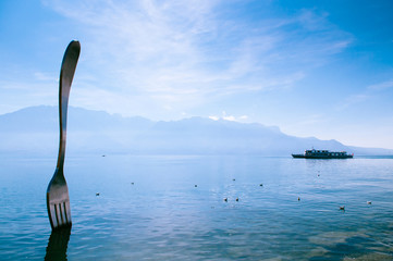Vevey, Switzerland - Lake Geneva shore with The Fork of Vevey modern installation art with Swiss...
