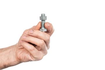 Bolt and nut in male hands