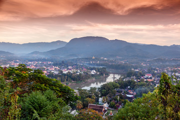 Beautiful stunning sunset in Luang Prabang Laos, from Mount Phusi. Laos is a popular travel destination in Southeast Asia