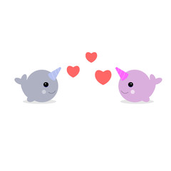 Vector illustraton. Cute cartoon magic narwhal isolated on white background. funny unicorn whale for child and cards. © Yulia