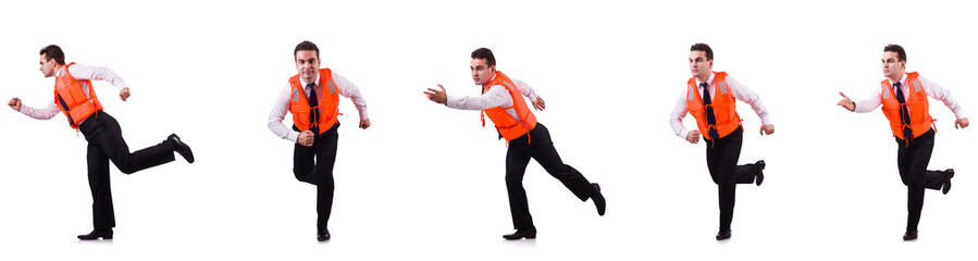 Man in life-jacket isolated on white 