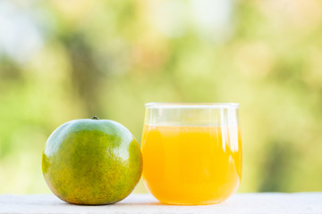 Tangerine orange fruit and juice with green nature background