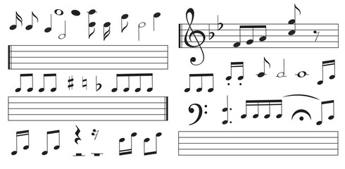 Music notes and keys on white background. Piano keys. Treble clef. Hand drawn effect vector. G-clef. Scribbles. Audio. Piano. Symphony. Song. Sing. Melody. Classic music.