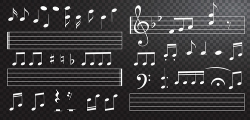 Music notes and keys on black background. Piano keys. Treble clef. Hand drawn effect vector. G-clef. Scribbles. Audio. Piano. Symphony. Song. Sing. Melody. Classic music.