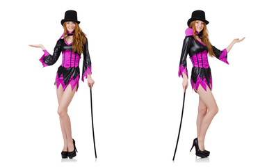 Beautiful woman with cane isolated on white 