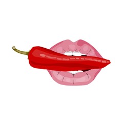 sexy mouth with hot red chili pepper. isolated on white