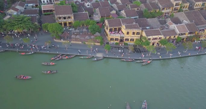Aerial view of Hoi An old town in night with light. Royalty high-quality free stock video footage of Hoi An old town. Hoi An is UNESCO world heritage, one of the most popular destinations in Vietnam
