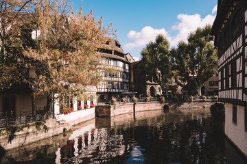 Strasbourg, France - October 3: Canal view of Petite Venice on October 3, 2017 in Strasbourg with film look style
