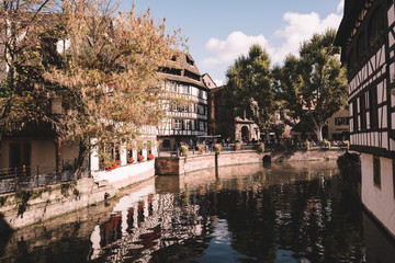 Strasbourg, France - October 3: Canal view of Petite Venice on October 3, 2017 in Strasbourg with film look style