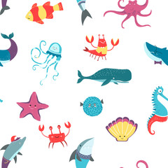 Octopus and crayfish seafood raw oceanic animals seamless pattern