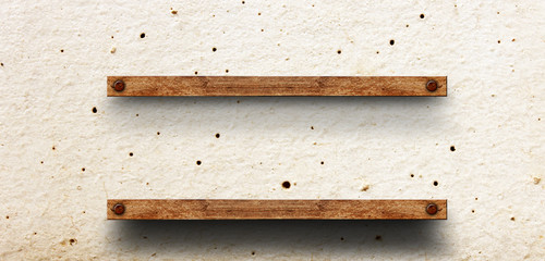 Wood shelf on brick wall. Polished cement floor. texture background. furniture