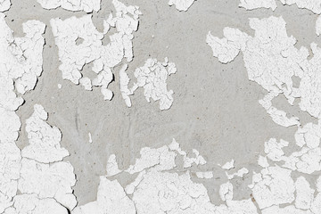 Concrete wall texture background with grey grungy stucco, white peeled paint, cracks and stains