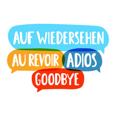 Auf wiedersehen, au revoir, adios, goodbye. Translation concept. Hand drawn vector icon illustrations on white background.
