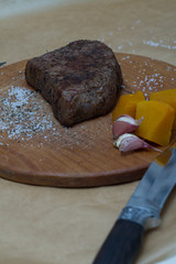 Extreme Close Up view of a Hand Seasoning Cooked piece of Meat in a Bright Light. Chef Accompanying Steak with Garlic, Rosemary, Pepper, Salt. Delicious, Modern Cuisine, Exclusive Recipe. 