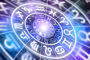 Astrological zodiac signs inside of horoscope circle
