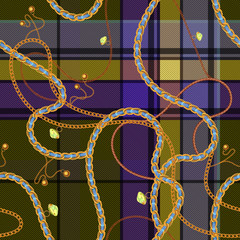 Baroque check seamless pattern with chains. Vector patch for fabric, scarf