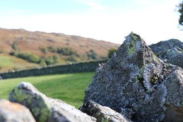 Dry stone wall with lichen - out of focus landscape in background