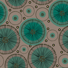 Vector seamless pattern hand drawn abstract turquoise dandelion flowers in black outline on beige background for textile, wallpaper, wrapping, cover page, web site, card, carton, print, banner.