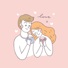 Cartoon cute Valentines day couple and coffee vector.