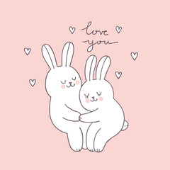 Cartoon cute Valentines day couple  rabbit vector.