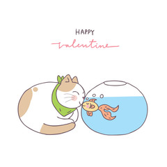 Cartoon cute Valentines day cat and fish vector.