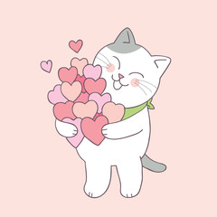 Cartoon cute Valentines day cat and love vector.
