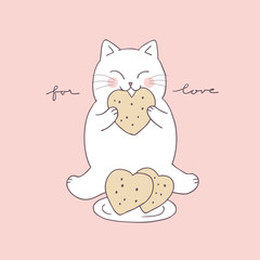 Cartoon cute Valentines day cat eating cookies vector.