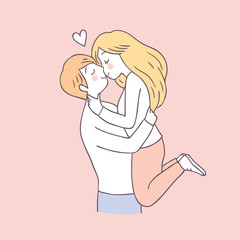 Cartoon cute Valentines day couple kiss vector.