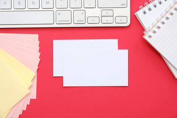 Top view with copy space of an office table with business objects for a work