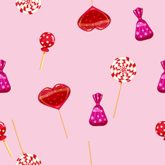 Seamless pattern of colored chocolates in a pack, swirl caramel, chocolate. Cute ornament for packaging, fabric, background, banner, poster, vector, illustration, isolated, cartoon style