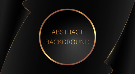 Advertising banner. Black circle with a gold stroke on the background of a black sheet of paper with curved edges. Abstract background. Vector illustration.