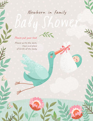 Baby Shower Invitation template with cute illustration of a stork with a newborn in a flower frame, vector card for congratulations on a newborn - obrazy, fototapety, plakaty