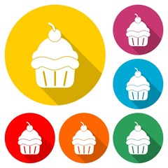 Cupcake icon or logo, color set with long shadow
