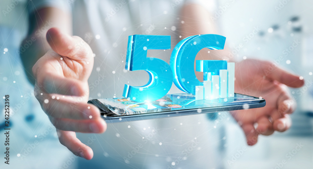 Wall mural businessman using 5g network with mobile phone 3d rendering