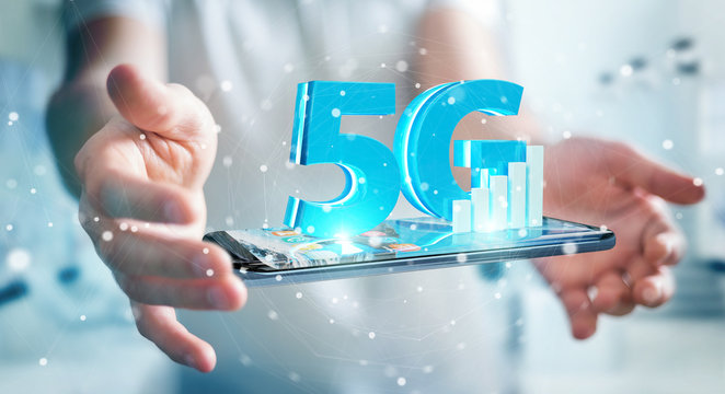 Businessman Using 5G Network With Mobile Phone 3D Rendering