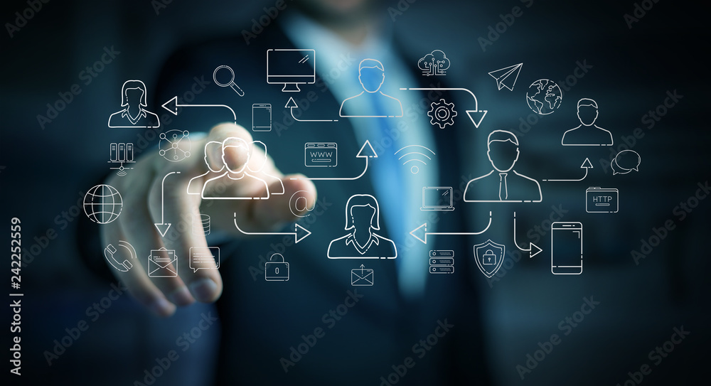Poster businessman using thin line social network icons interface