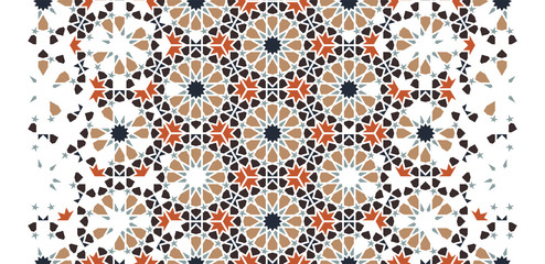 Arabesque seamless vector pattern. Geometric halftone texture with color tile disintegration or breaking