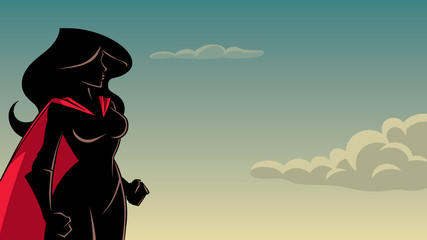 Cartoon Silhouette illustration of determined and powerful superheroine against sky background for copy space.