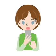 Illustration of a woman who uses a smartphone with a surprised face.