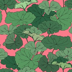 Green geranium leaves on pink background. Seamless vector pattern.