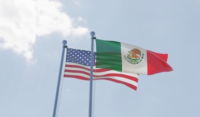 USA and Mexico, two flags waving against blue sky. 3d image