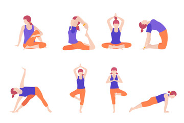 Set icon of woman doing yoga pose on poster design, banner. Vector illustration. The concept of Healthy lifestyle. icon for yoga center.